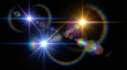 Abstract lens flare effect,dazzling bright light beams with colorful reflections on black background,digital glow for photo overlay or visual design