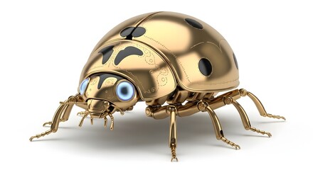 Luxury golden robotic ladybug with black spots and blue eyes, mechanical insect 3D illustration