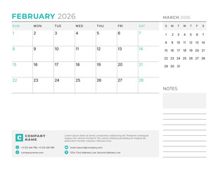 February 2026 Monthly Calendar Template for Planning and Organization improves team workflow and daily task tracking with clear minimalist layout. Week starts on Sunday. vector illustration