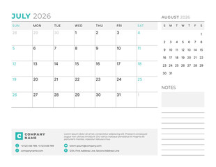 July 2026 Monthly Calendar Template for Planning and Organization provides optimal layout for structured task lists and weekly deadlines. Week starts on Sunday. Ideal for remote work