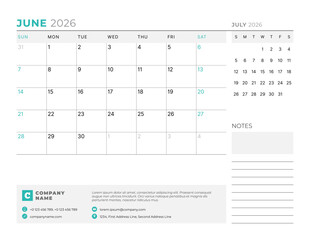 June 2026 Monthly Calendar Template for Planning and Organization simplifies weekly organization with structured lines and clear layout. Week starts on Sunday. vector illustration