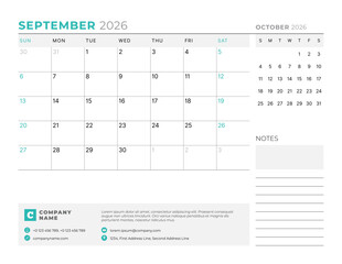 September 2026 Monthly Calendar Template for Planning and Organization improves focus and weekly task tracking with open design. Week starts on Sunday. Works well in corporate teams