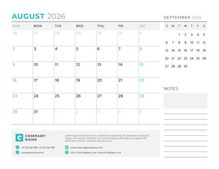 August 2026 Monthly Calendar Template for Planning and Organization supports clear organization of appointments with simple structure. Week starts on Sunday. Suitable for hybrid teams
