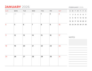January 2026 Monthly Calendar Template enhances productivity with minimalist blank lines, ideal for office use and planning routines, boosts focus in business settings, vector illustration