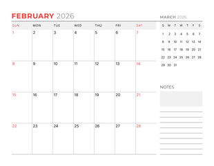 February 2026 Monthly Calendar Template improves team coordination with minimalist blank lines, perfect for office meetings and efficient planning routines, boosts productivity, vector illustration