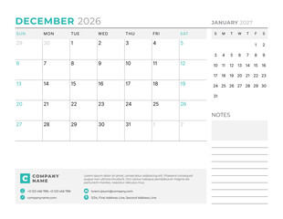 December 2026 Monthly Calendar Template for Planning and Organization ensures clean weekly structure with blank lines for tracking events. Week starts on Sunday. Good for teams and individuals