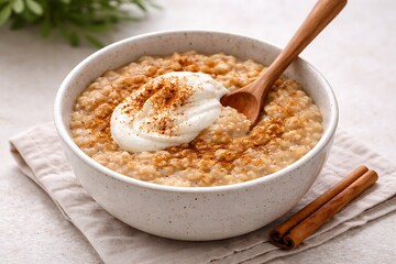 bowl of oatmeal with yogurt and cinnamon on top