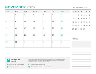 November 2026 Monthly Calendar Template for Planning and Organization assists in structured planning and goal setting with minimal lines. Week starts on Sunday. Great for professionals