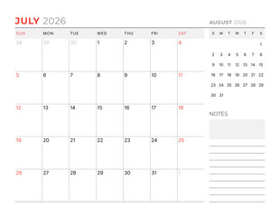 July 2026 Monthly Calendar Template supports strategic planning with minimalist blank lines, ideal for organized workspaces and efficient scheduling routines, vector illustration