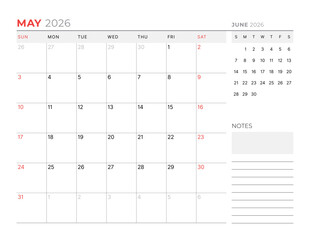 May 2026 Monthly Calendar Template refines executive strategies using minimalist blank lines, perfect for planning goals and focus tracking, great for business use, vector illustration