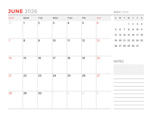 June 2026 Monthly Calendar Template streamlines business tasks with minimalist blank lines, perfect for planning sessions and workflow optimization in office settings, vector illustration