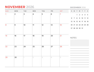 November 2026 Monthly Calendar Template strengthens team structure with minimalist blank lines, perfect for managing tasks and planning flows in office setups, vector illustration