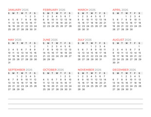 Yearly calendar template for 2026. Vector illustration of a planner and organizer. Simple design for business schedule and wall stationery. Week starts on Sunday. Clean and modern layout