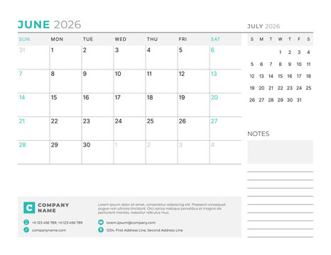 June 2026 Monthly Calendar Template for Planning and Organization simplifies weekly organization with structured lines and clear layout. Week starts on Sunday. vector illustration