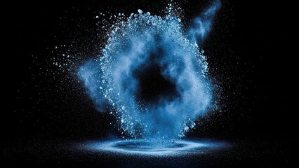 Blue powder explosion on black background, radiating outwards