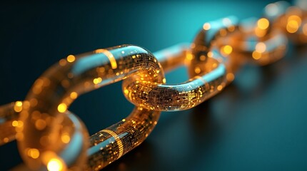 A glowing, metallic chain (golden-orange) is embedded with intricate circuit board patterns. 