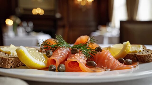 Smoked salmon rolls with capers and lemon served in luxury restaurant. Warm ambient light, cinematic bokeh.