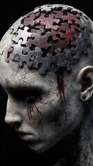 goth head, cracked puzzle piece skin, lesions, mole, puss, brain exposed, dystopian