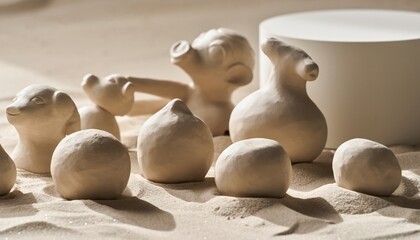 Various handmade clay sculptures arranged on a textured surface with soft lighting