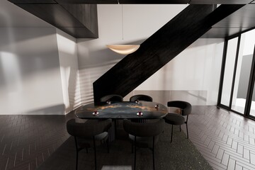 Elegant modern dining room setup with luxurious table and comfortable chairs