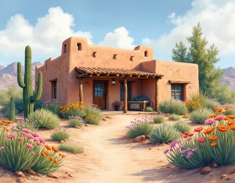 Terracotta house sits in arid desert landscape. Saguaro cactus and colorful wildflowers bloom near traditional southwest architecture. Mountain range in background under blue sky with fluffy clouds.