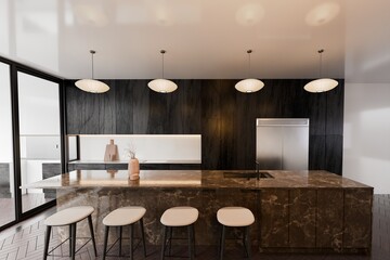 Modern kitchen with island seating.