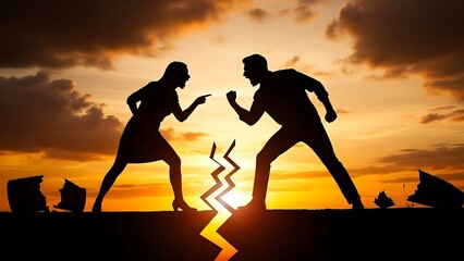 Two athletes face off in a competitive stance at sunset with a cracked ground
