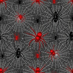 Black and Red Spider Web with Large and Small Spiders for Halloween or Horror Themes