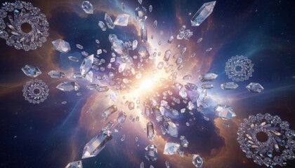 Radiant crystal explosion emanating from cosmic nebula, showcasing ethereal energy and formation.
