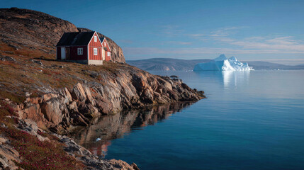 Red Cabin on Rocky Shore with Iceberg and Snowy Mountains