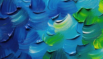 Thick, textured oil paint strokes in vibrant blue and green hues creating an abstract oceanic impression