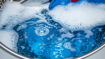 A blue liquid with soap suds is being washed in a metal basin with a brush