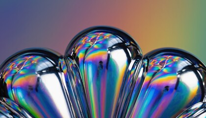 Closeup of iridescent liquid droplets reflecting vibrant rainbow spectrum and light patterns on a polished surface.