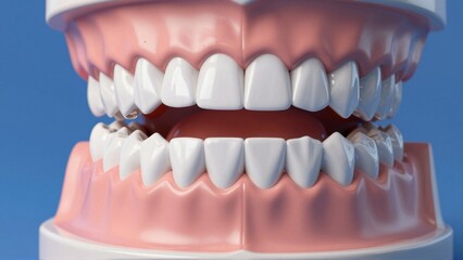 Fototapeta premium Dental model of teeth, clean white healthy teeth, dentistry concept, blue background, hygiene, 3d illustration