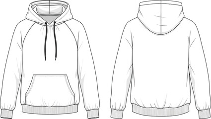 Hoodie sweatshirt technical fashion illustration, front and back view apparel CAD drawing, flat vector design, hooded pullover template, streetwear garment specification guide