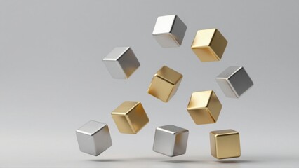 Fototapeta premium Metallic cubes falling, silver and gold, dynamic motion, physics simulation, abstract business concept, clean background
