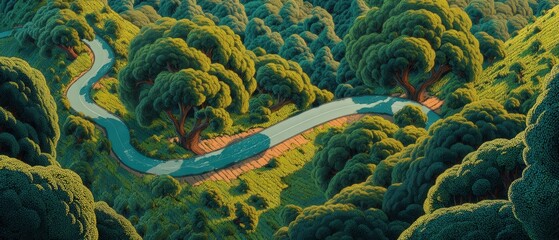 Obraz premium A winding road snakes through lush, vibrant green forests, showcasing the beauty of nature and inviting exploration.