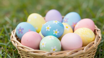 Naklejka premium Easter eggs in a basket, pastel colors, painted patterns, spring grass background, holiday tradition