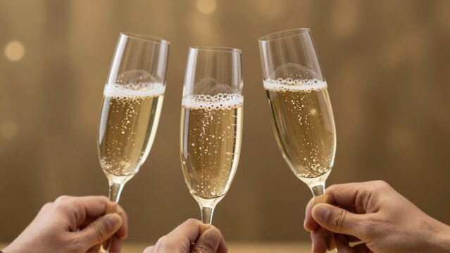 Champagne glasses toasting (held by invisible hands), bubbles rising, golden festive background, new year eve