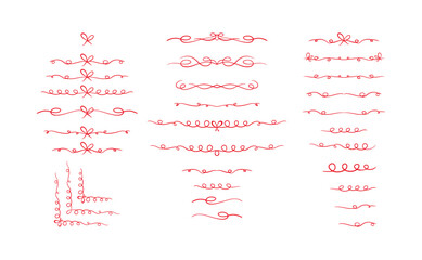 Coquette Ribbon Dividers Set, Red Vintage Cute Simple Lines, Hand Drawn Bow with Loops, Decorative Wedding or Birthday Border Frame Minimalist Doodle Isolated Design Elements for Valentines Day Cards
