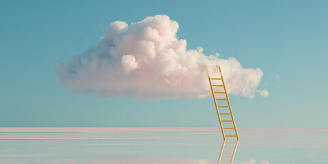 Matte pastel yellow ladder emerging from white cloud in a surreal minimalist concept on a pastel sky blue background