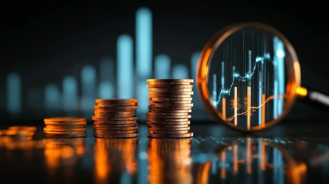 Stacks of gold coins with magnifying glass on graph background