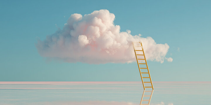 Matte pastel yellow ladder emerging from white cloud in a surreal minimalist concept on a pastel sky blue background