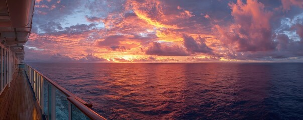 A stunning sunset over the ocean, viewed from a ship's deck, with vibrant clouds and colors reflecting on the water.