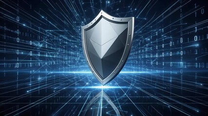 Metallic security shield icon rotates slowly center of digital matrix emitting luminous blue data rays and binary streams with - Powered by Adobe