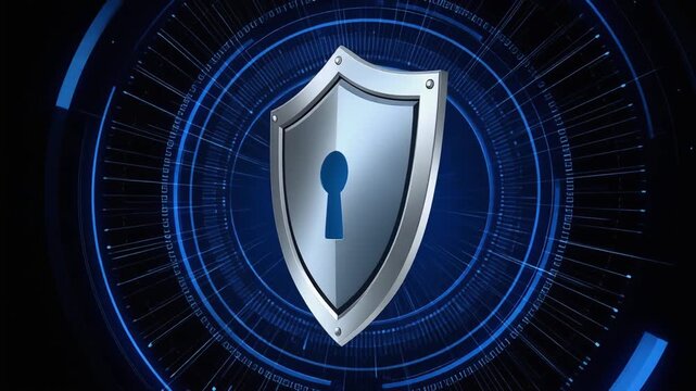 Security shield lock icon metallic shield blue keyhole digital circle cyber security data protection encryption metallic shield
