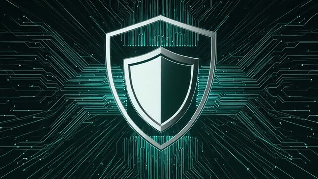 Silver security shield icon rotating center emitting metallic circuit glow digital protection metallic shield symbol conveying