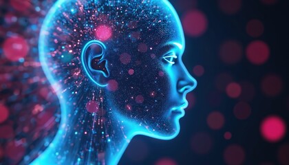 Digital illustration of human head in profile glowing with data streams. Futuristic tech ai concept representing the mind and neural network processing. Represents innovation intelligence future.