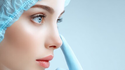 A close-up portrait of a woman in a surgical cap and gloves, gently touching her face, conveying a sense of care and professionalism.