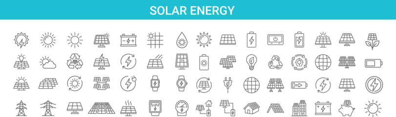 Solar energy line icons collection illustrating renewable power, photovoltaic panels, clean electricity, sustainability, eco technology, green energy systems for web, mobile apps, infographics © icons world